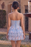 Corset sans bretelles bleu A-Line Fleur à volants basque taille à volants robe de fin d’année