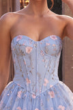 Corset sans bretelles bleu A-Line Fleur à volants basque taille à volants robe de fin d’année