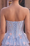 Corset sans bretelles bleu A-Line Fleur à volants basque taille à volants robe de fin d’année