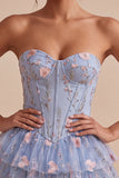 Corset sans bretelles bleu A-Line Fleur à volants basque taille à volants robe de fin d’année