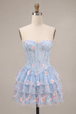 Corset sans bretelles bleu A-Line Fleur à volants basque taille à volants robe de fin d’année