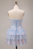 Corset sans bretelles bleu A-Line Fleur à volants basque taille à volants robe de fin d’année