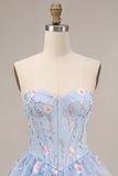 Corset sans bretelles bleu A-Line Fleur à volants basque taille à volants robe de fin d’année