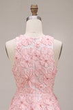 Robe de rentrée rose à col rond fleur à col rond avec volants et perlure