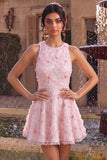 Robe de rentrée rose à col rond fleur à col rond avec volants et perlure