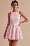 Robe de rentrée rose à col rond fleur à col rond avec volants et perlure