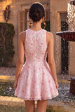 Robe de rentrée rose à col rond fleur à col rond avec volants et perlure