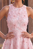 Robe de rentrée rose à col rond fleur à col rond avec volants et perlure