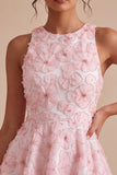 Robe de rentrée rose à col rond fleur à col rond avec volants et perlure