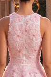 Robe de rentrée rose à col rond fleur à col rond avec volants et perlure