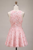 Robe de rentrée rose à col rond fleur à col rond avec volants et perlure