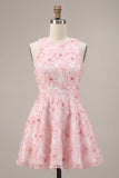 Robe de rentrée rose à col rond fleur à col rond avec volants et perlure