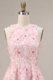 Robe de rentrée rose à col rond fleur à col rond avec volants et perlure