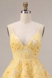 Robe courte de rentrée à la maison à volants à étages en ligne A jaune