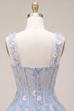 Corset transparent bleu A-Line Ourlet fleuri à volants à volants et ourlet court de la rentrée