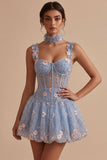 Corset transparent bleu A-Line Ourlet fleuri à volants à volants et ourlet court de la rentrée