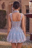 Corset transparent bleu A-Line Ourlet fleuri à volants à volants et ourlet court de la rentrée