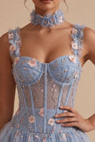Corset transparent bleu A-Line Ourlet fleuri à volants à volants et ourlet court de la rentrée