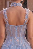 Corset transparent bleu A-Line Ourlet fleuri à volants à volants et ourlet court de la rentrée