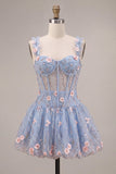 Corset transparent bleu A-Line Ourlet fleuri à volants à volants et ourlet court de la rentrée