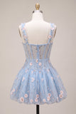 Corset transparent bleu A-Line Ourlet fleuri à volants à volants et ourlet court de la rentrée