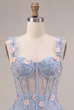 Corset transparent bleu A-Line Ourlet fleuri à volants à volants et ourlet court de la rentrée