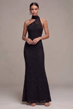 Robe longue formelle sirène noire à col nu avec dentelle