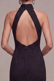 Robe longue formelle sirène noire à col nu avec dentelle