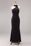 Robe longue formelle sirène noire à col nu avec dentelle