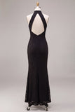 Robe longue formelle sirène noire à col nu avec dentelle