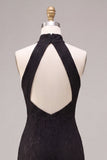Robe longue formelle sirène noire à col nu avec dentelle