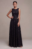 Longue robe formelle longue à paillettes noires à col rond