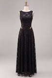 Longue robe formelle longue à paillettes noires à col rond