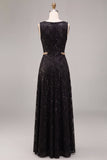 Longue robe formelle longue à paillettes noires à col rond