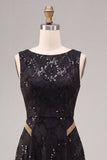 Longue robe formelle longue à paillettes noires à col rond