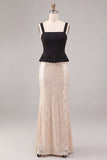 Sirène noire et blanche, paillettes carrées, longue robe formelle
