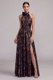 Robe longue formelle longue à col noir ligne en A à col en A sans dos avec fente