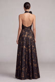 Robe longue formelle longue à col noir ligne en A à col en A sans dos avec fente