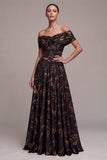 Robe longue longue de cérémonie noire à la ligne en A décollée et froncée