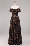 Robe longue longue de cérémonie noire à la ligne en A décollée et froncée