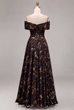 Robe longue longue de cérémonie noire à la ligne en A décollée et froncée