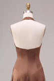 Robe formelle longue longue en A en satin à col nu café