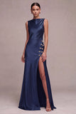 Robe longue de cérémonie en satin à col bateau sirène olive avec fente