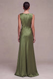 Robe longue de cérémonie en satin à col bateau sirène olive avec fente