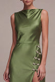 Robe longue de cérémonie en satin à col bateau sirène olive avec fente