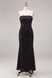 Robe de cérémonie Maxi froncée en sirène noire sans bustiers, sequins