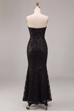 Robe de cérémonie Maxi froncée en sirène noire sans bustiers, sequins