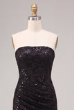 Robe de cérémonie Maxi froncée en sirène noire sans bustiers, sequins
