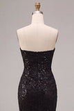 Robe de cérémonie Maxi froncée en sirène noire sans bustiers, sequins
