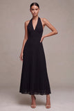Robe formelle Maxi plissée à col long noir en chiffon à longueur en A